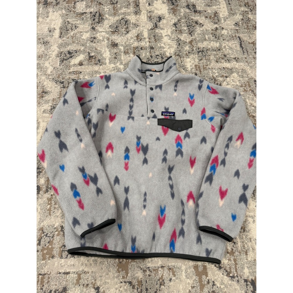 Patagonia Synchilla Snap-T Fleece Pullover Grey Pink Blue Arrow Print Mens M